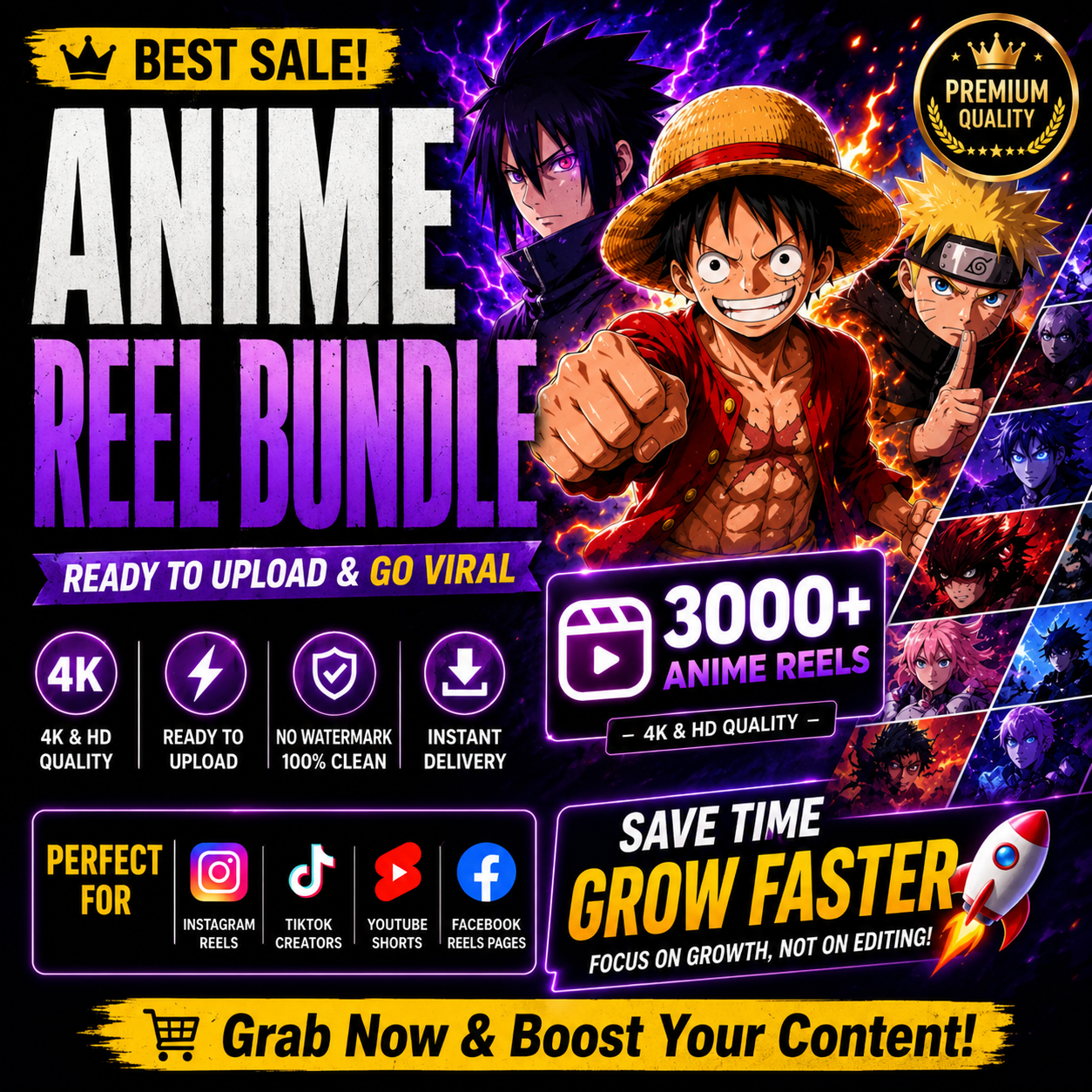 2000+ Anime Reels Bundle | HD Quality Anime Clips Pack | Ready-To-Upload Content