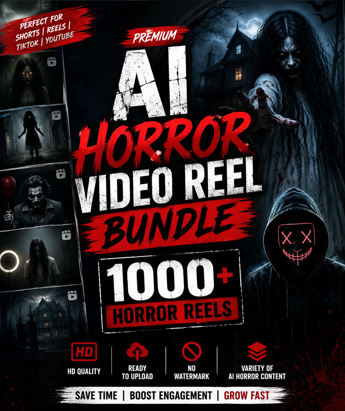 1000+ AI Horror Video Reels Bundle | HD Scary Horror Clips Pack | Ready To Upload Content