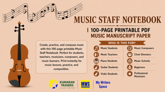 Music Staff Notebook | 100-Page Printable PDF Music Manuscript Paper